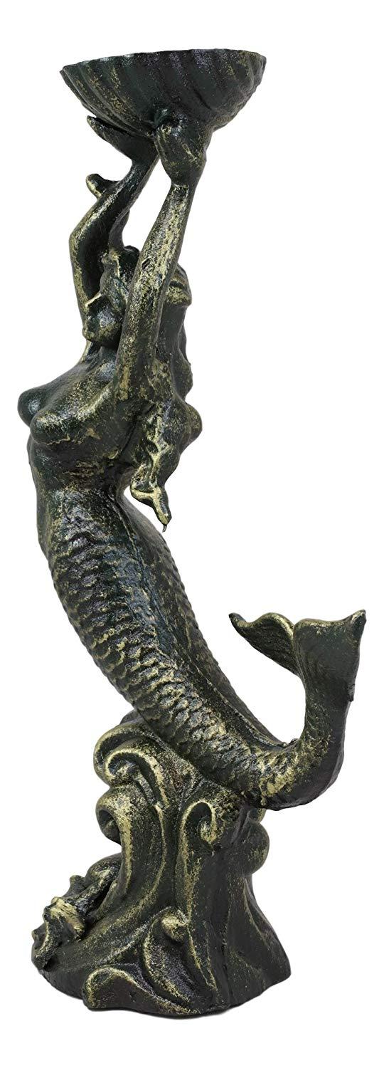 Cast Iron 15"H Under The Sea Mermaid Holding Up Sea Shell Candle Holder Statue