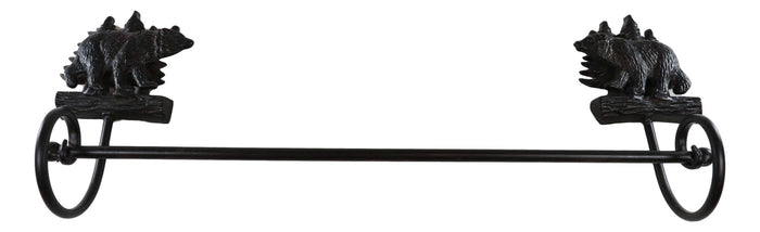 Cast Iron 24"L Rustic Forest Black Bear By Pine Trees Wall Bath Towel Bar Rack