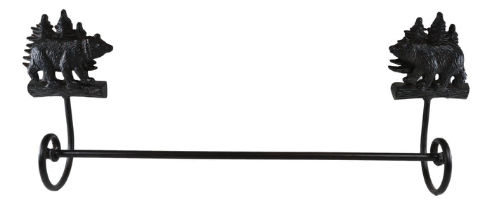 Cast Iron 24"L Rustic Forest Black Bear By Pine Trees Wall Bath Towel Bar Rack