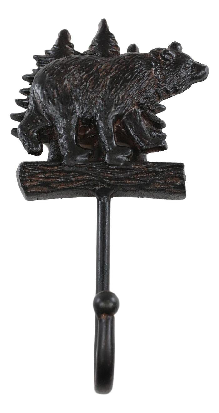 Cast Iron 9"H Rustic Forest Black Bear By Pine Trees Log Forest Wall Coat Hook