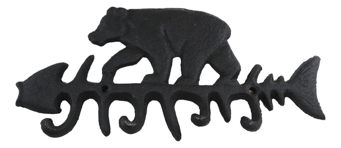 Cast Iron 9" Rustic Forest Black Bear On Fish Bone 4 Pegs Wall Hook Decor Plaque