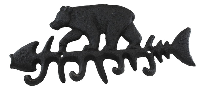 Cast Iron 9" Rustic Forest Black Bear On Fish Bone 4 Pegs Wall Hook Decor Plaque