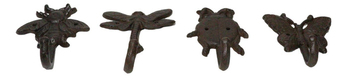 Cast Iron Rustic Bee Ladybug Butterfly And Dragonfly Bugs Wall Hooks Set Of 4