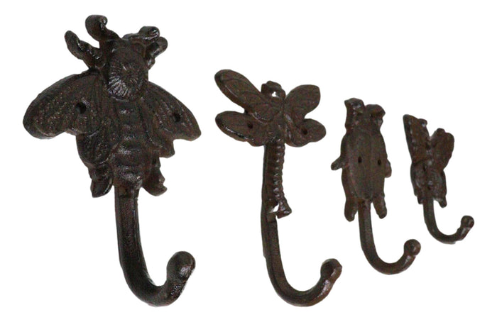 Cast Iron Rustic Bee Ladybug Butterfly And Dragonfly Bugs Wall Hooks Set Of 4