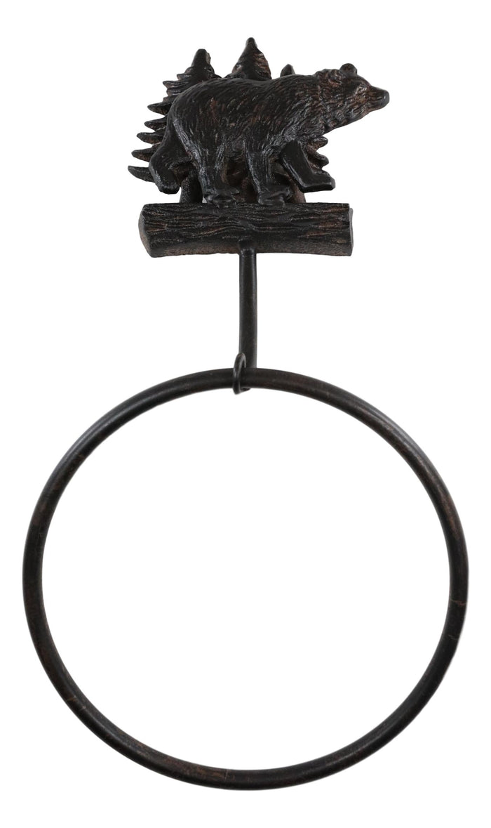 Cast Iron Rustic Cabin Bathroom Black Bear By Pine Trees Hand Towel Ring Holder