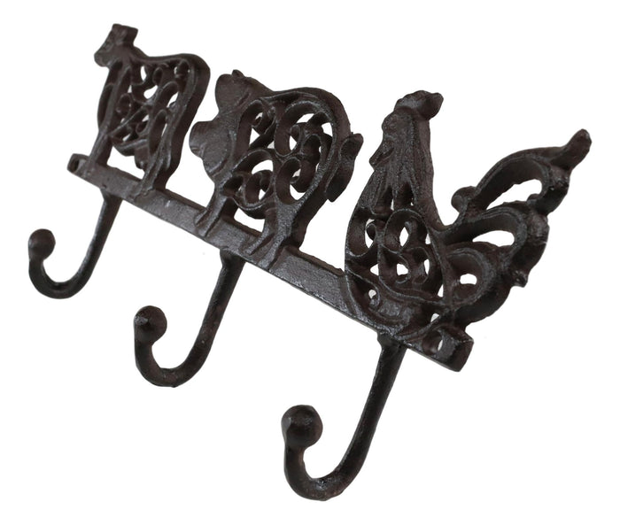 Cast Iron Rustic Cow Pig And Chicken With Scroll Filigree Art 3 Peg Wall Hooks