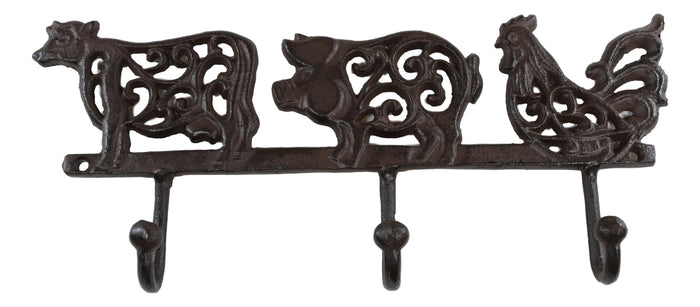 Cast Iron Rustic Cow Pig And Chicken With Scroll Filigree Art 3 Peg Wall Hooks