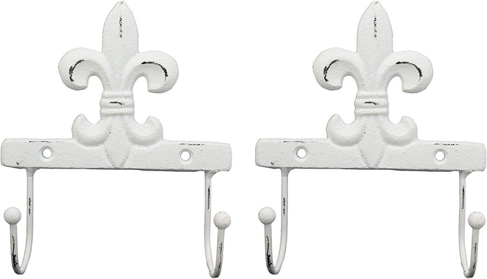 Cast Iron Rustic Distressed White Fleur De Lis 2 Pegs Wall Hooks Decor Set of 2