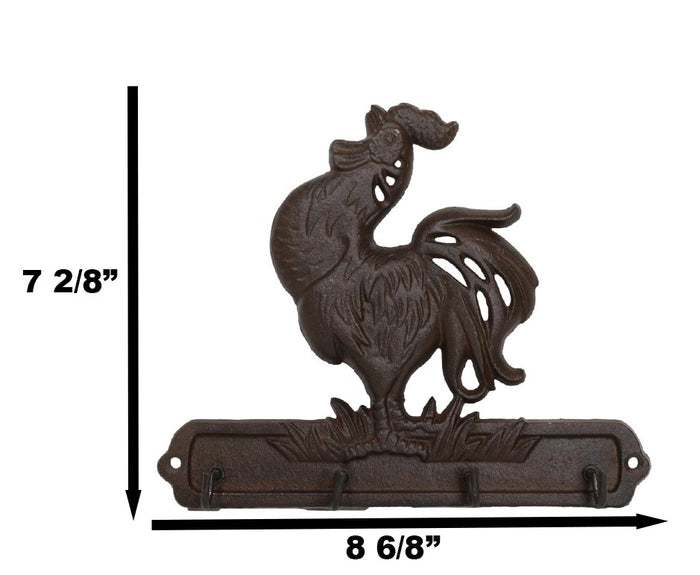 Cast Iron Rustic Farm Barn Crowing Rooster Chicken 4 Peg Quadruple Wall Hooks