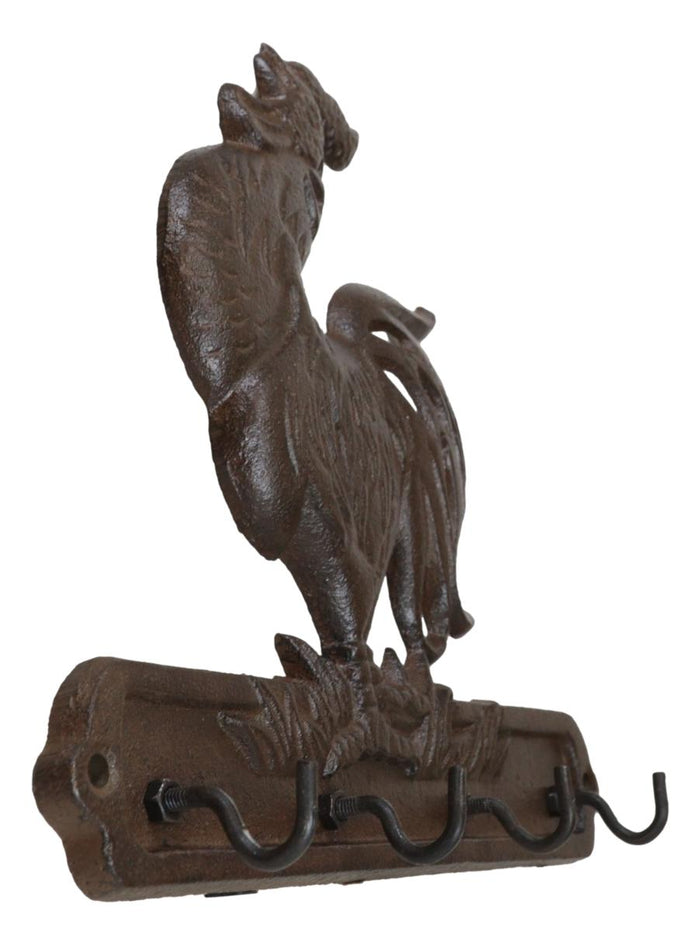 Cast Iron Rustic Farm Barn Crowing Rooster Chicken 4 Peg Quadruple Wall Hooks