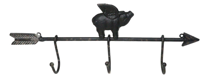 Cast Iron Rustic Farmhouse When Pigs Fly Angel Pig With Arrow 3-Peg Wall Hooks