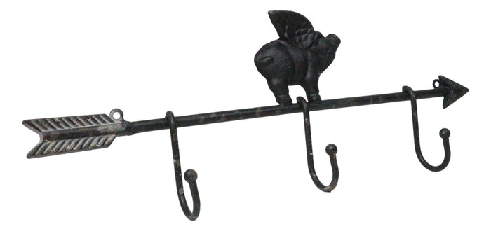 Cast Iron Rustic Farmhouse When Pigs Fly Angel Pig With Arrow 3-Peg Wall Hooks