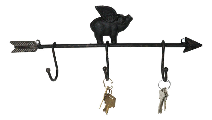 Cast Iron Rustic Farmhouse When Pigs Fly Angel Pig With Arrow 3-Peg Wall Hooks