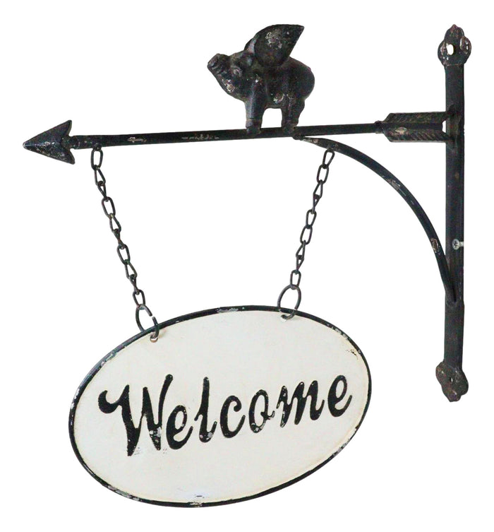 Cast Iron Rustic Farmhouse When Pigs Fly Angel Pig With Arrow Welcome Wall Sign