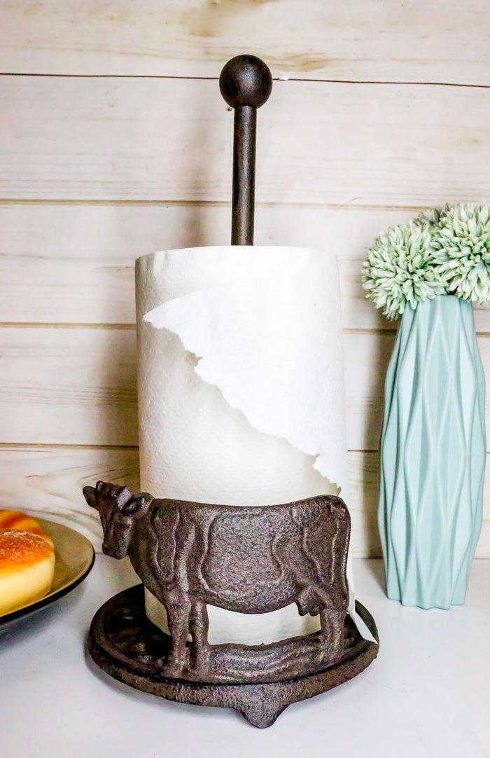 Cast Iron Rustic Holstein Cow With Scroll Art Kitchen Paper Towel Holder Stand