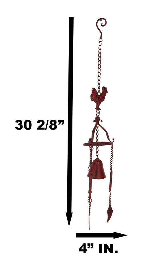 Cast Iron Rustic Red Chicken Rooster Hanging Garden Patio Bell Wind Chime Decor