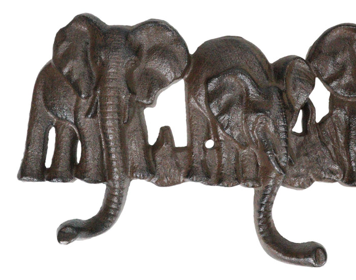 Cast Iron Rustic Safari Elephants With Long Trunks 4-Pegs Wall Hook Sculpture