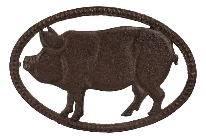 Cast Iron Rustic Swine Bacon Pig Cutout With Raised Studs Border Metal Trivet