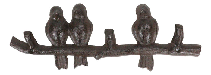 Cast Iron Rustic Western Lovebirds Perching On Twig Branch 3-Pegs Wall Coat Hook