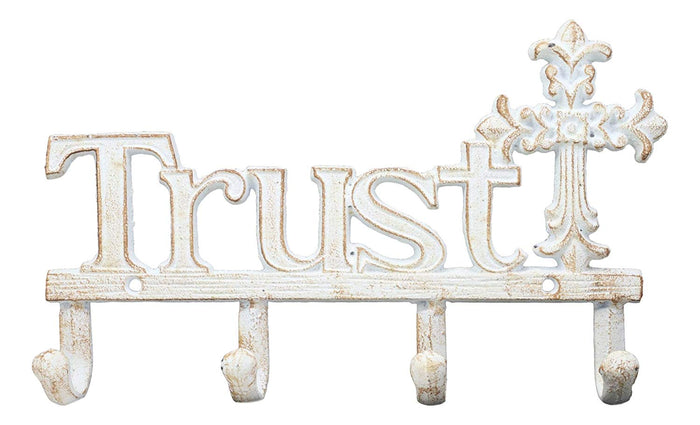 Cast Iron Rustic White Le Fleur Cross With Trust Letters Sign 4 Pegs Wall Hooks