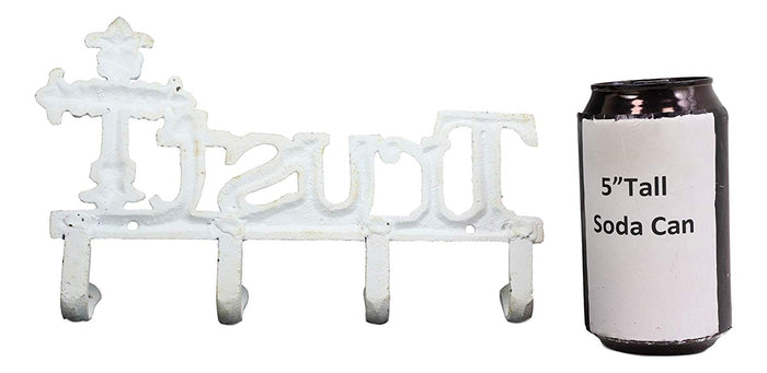 Cast Iron Rustic White Le Fleur Cross With Trust Letters Sign 4 Pegs Wall Hooks