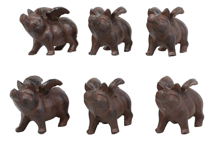 Cast Iron Small Whimsical Flying Pig Angel Hog Statue Paperweight Decor Set Of 6
