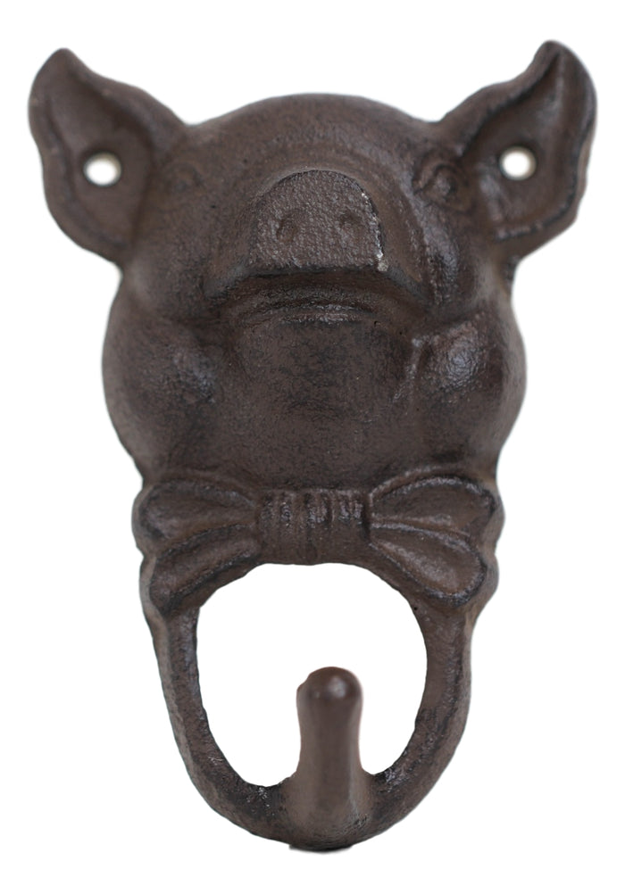 Cast Iron Vintage Farmhouse Rustic Butler Pig Head With Bowtie Wall Coat Hook