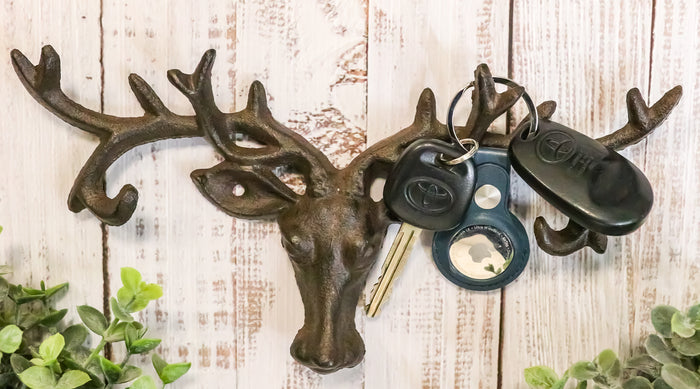 Cast Iron Vintage Western Rustic Stag Deer With Crown Antlers Wall Key Hooks