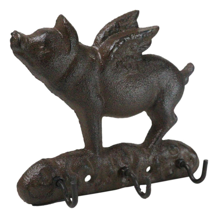 Cast Iron Whimsical Flying Pig Angel 3-Peg Wall Hook Decorative Sculpture