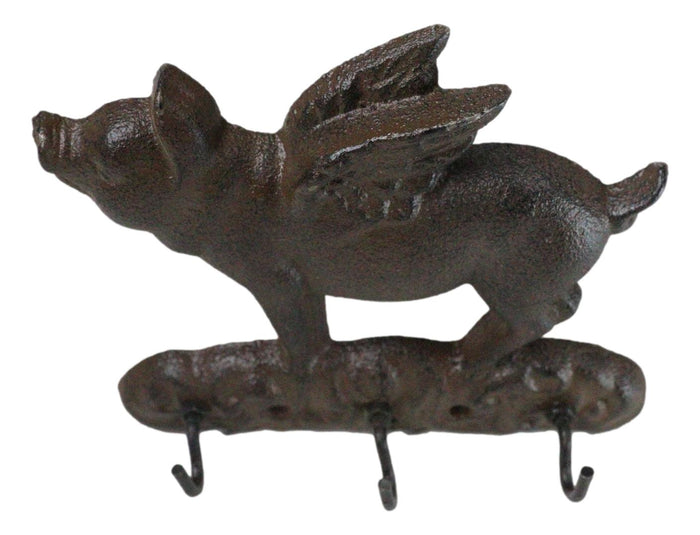 Cast Iron Whimsical Flying Pig Angel 3-Peg Wall Hook Decorative Sculpture