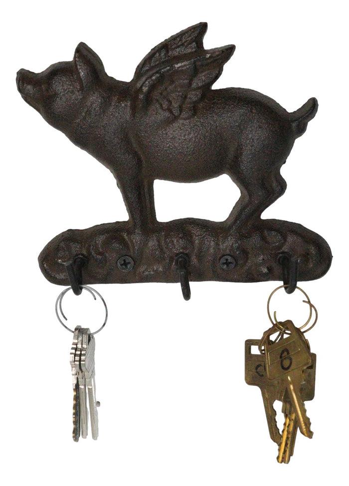 Cast Iron Whimsical Flying Pig Angel 3-Peg Wall Hook Decorative Sculpture Cast Iron Whimsical Flying Pig Angel 3-Peg Wall Hook Decorative Sculpture