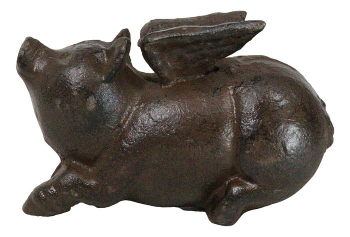 Cast Iron Whimsical Flying Winged Angel Pig Decorative Sculpture Paperweight 5"L