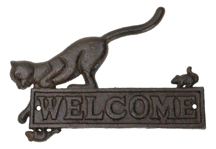 Cast Iron Whimsical Hungry Kitty Cat Chasing 2 Mice Wall Decor Welcome Sign