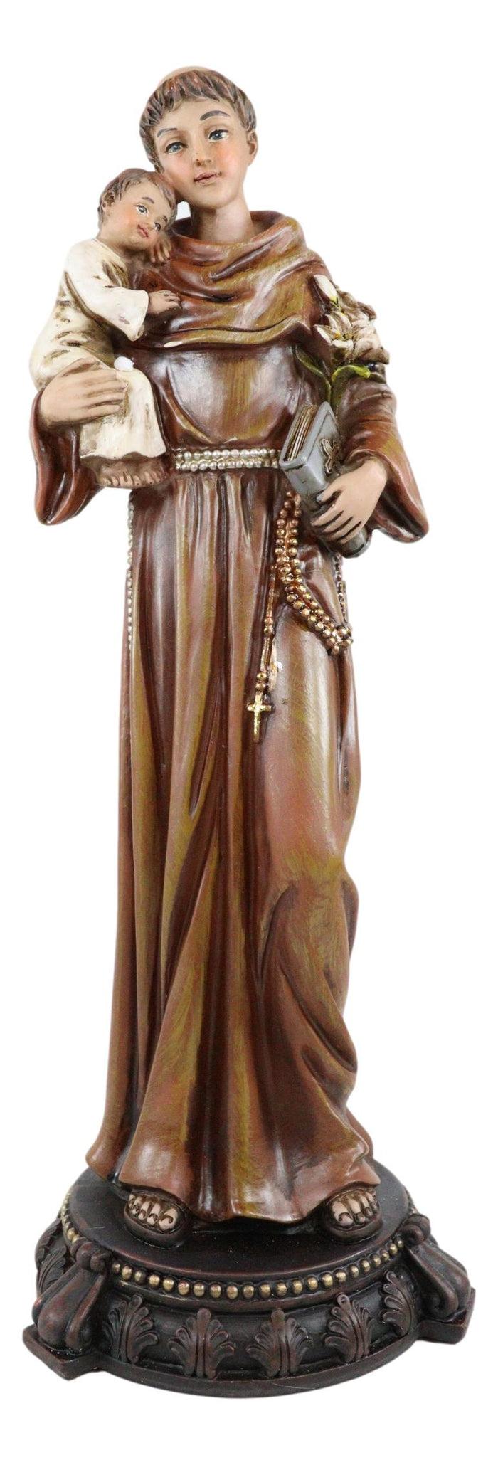 Catholic Saint Anthony Of Padua Carrying Baby Jesus Lilies Scriptures Figurine