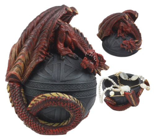 Celtic Red Dragon Egg Box 6.5"Tall Mythical Guardian Dragon Figurine Jewelry Box
