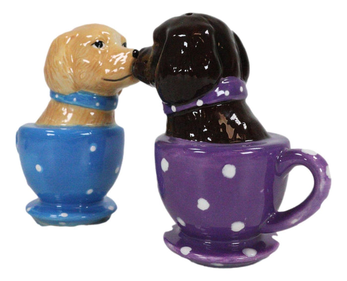 Ceramic Chocolate And Fawn Labrador Puppy Dogs In Tea Cups Salt Pepper Shakers