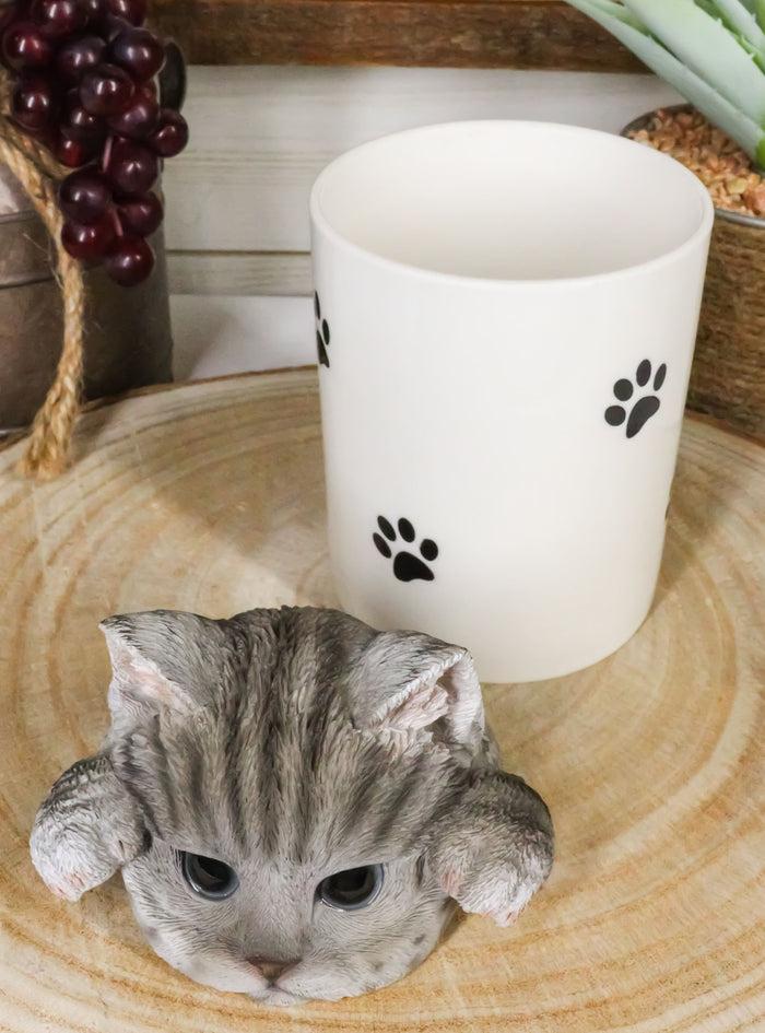 Ceramic Gray Tabby Cat Hiding And Peeking Dry Storage Jar With Paw Prints Decor