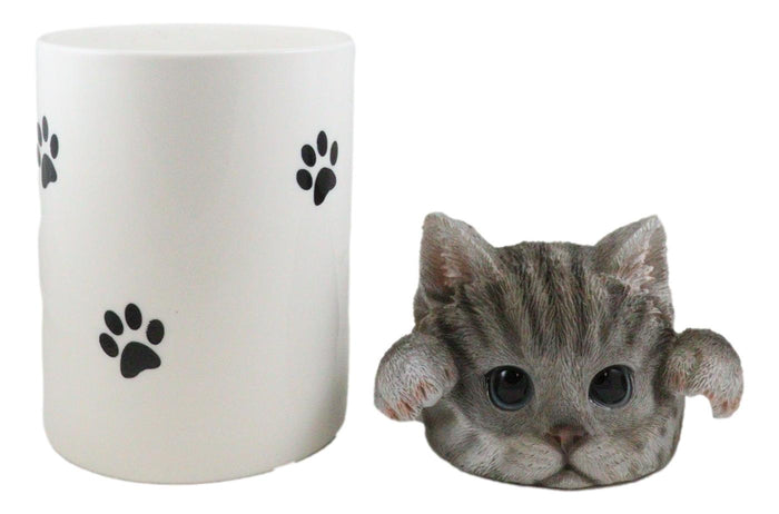 Ceramic Gray Tabby Cat Hiding And Peeking Dry Storage Jar With Paw Prints Decor
