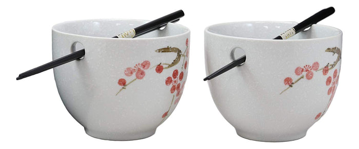 Ceramic Japanese Sakura Pink Cherry Blossoms Ramen Noodle Bowls Chopsticks Set 2