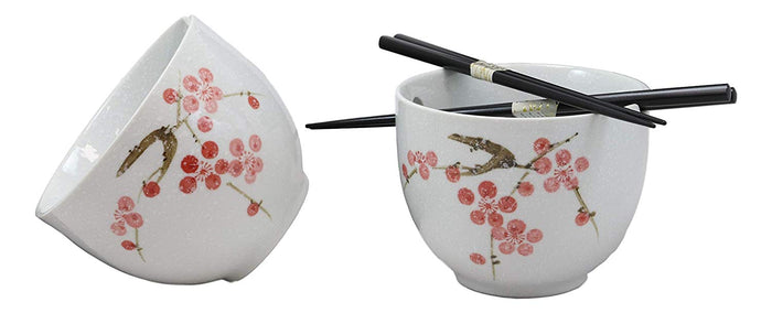 Ceramic Japanese Sakura Pink Cherry Blossoms Ramen Noodle Bowls Chopsticks Set 2