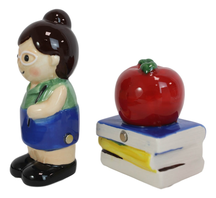 Ceramic Lady School Teacher And Red Apple Books Salt Pepper Shakers Figurine Set