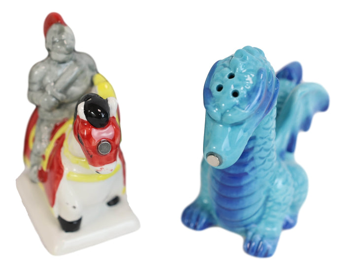 Ceramic Saint George The Knight And Blue Dragon Salt Pepper Shakers Figurine Set