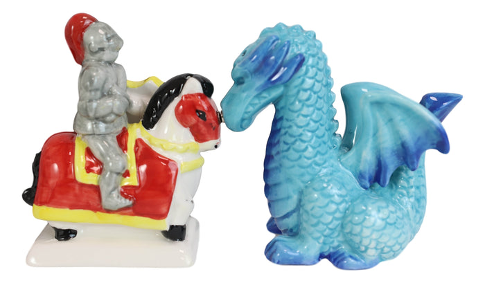 Ceramic Saint George The Knight And Blue Dragon Salt Pepper Shakers Figurine Set
