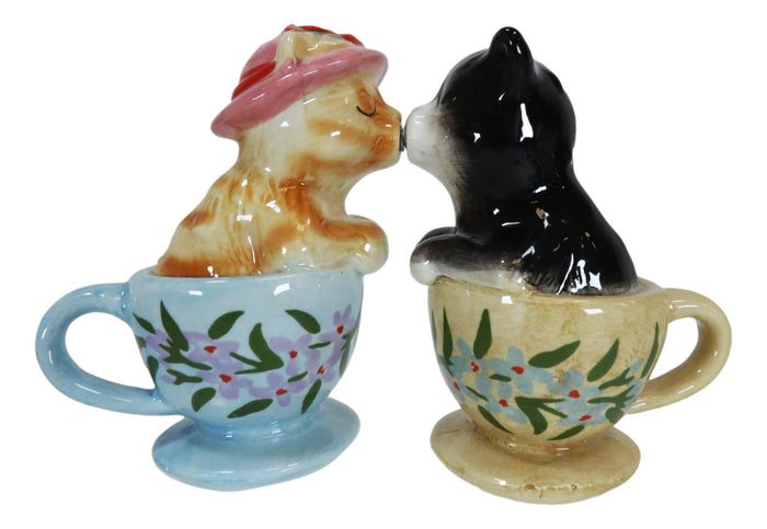 Ceramic Tabby And Black Cats In Tea Cups Magnetic Salt And Pepper Shaker Set