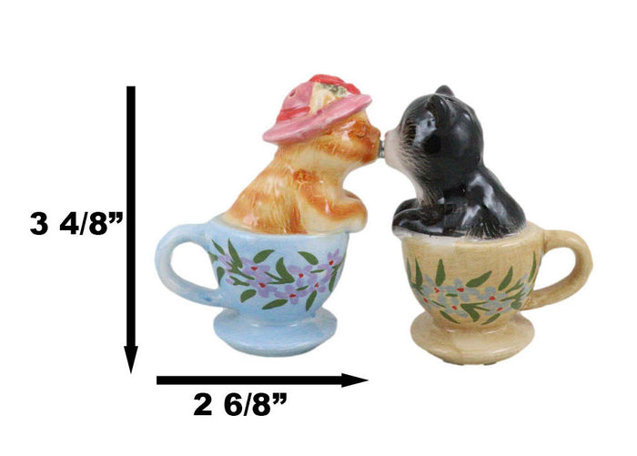 Ceramic Tabby And Black Cats In Tea Cups Magnetic Salt And Pepper Shaker Set
