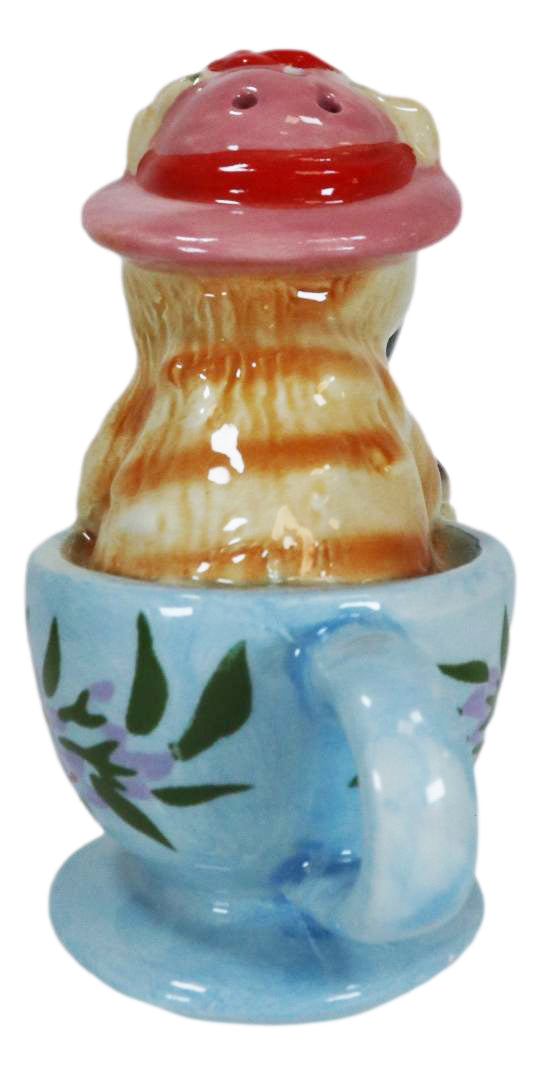 Ceramic Tabby And Black Cats In Tea Cups Magnetic Salt And Pepper Shaker Set