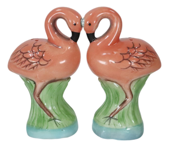 Ceramic Tropical Paradise Birds Love Pink Flamingos Salt And Pepper Shakers Set