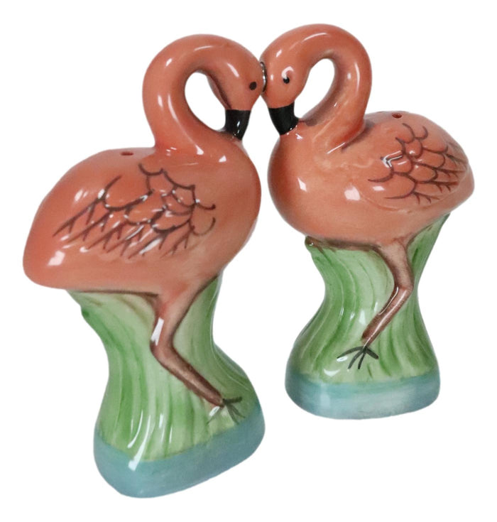 Ceramic Tropical Paradise Birds Love Pink Flamingos Salt And Pepper Shakers Set