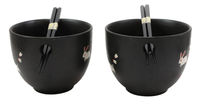 Ceramic White Moon Rabbit Hare Ramen Noodles Soup Bowls With Chopsticks Set Of 2