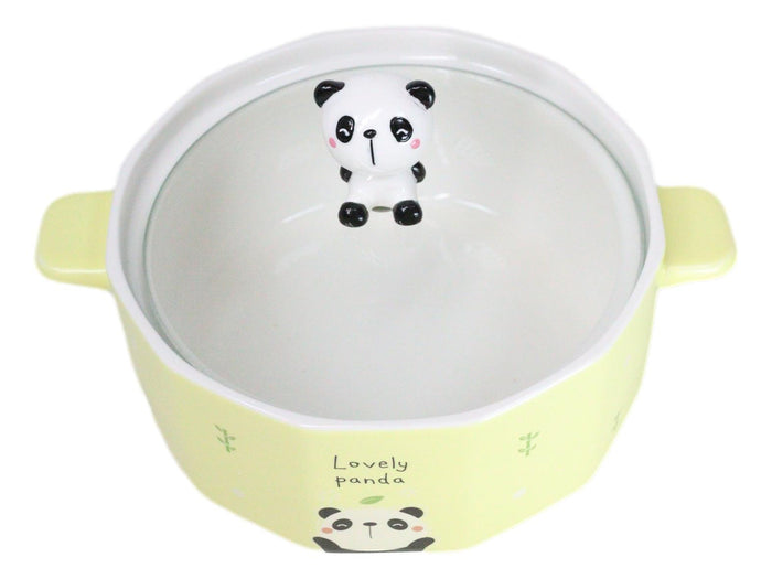 Ceramic Yellow Lovely Panda 30oz Noodle Dessert Food Bowl W/ Glass Lid